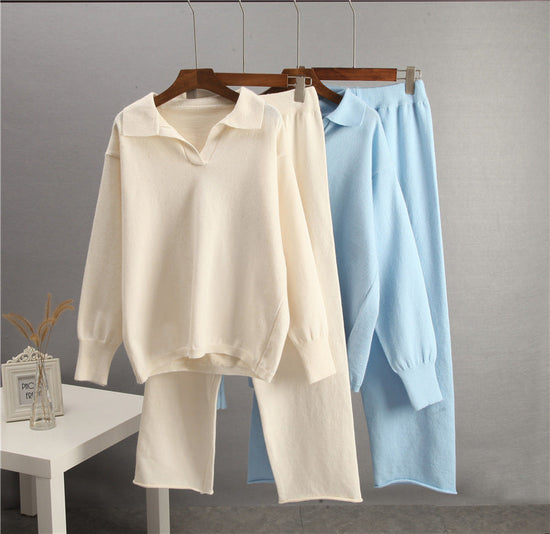 European And American-style Solid-color Lapel Sweater Set For Women, FallWinter 