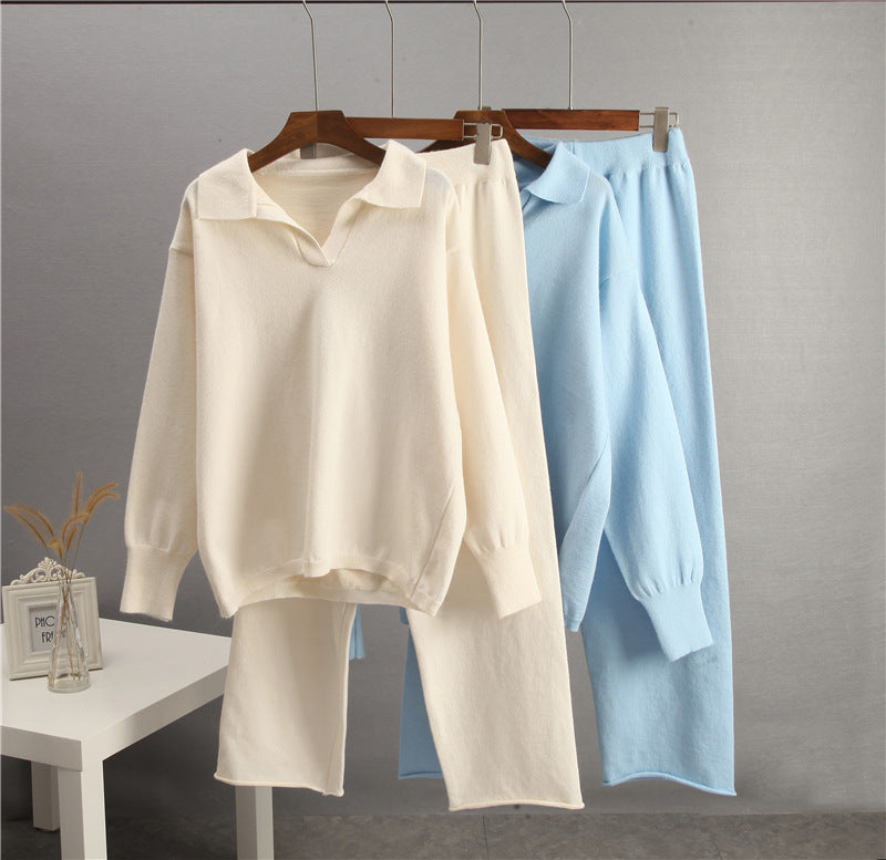 European And American-style Solid-color Lapel Sweater Set For Women, FallWinter 