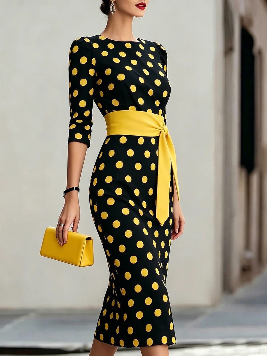 Retro Polka-dot Navy Blue Belted Waist-hugging Elegant Dress 