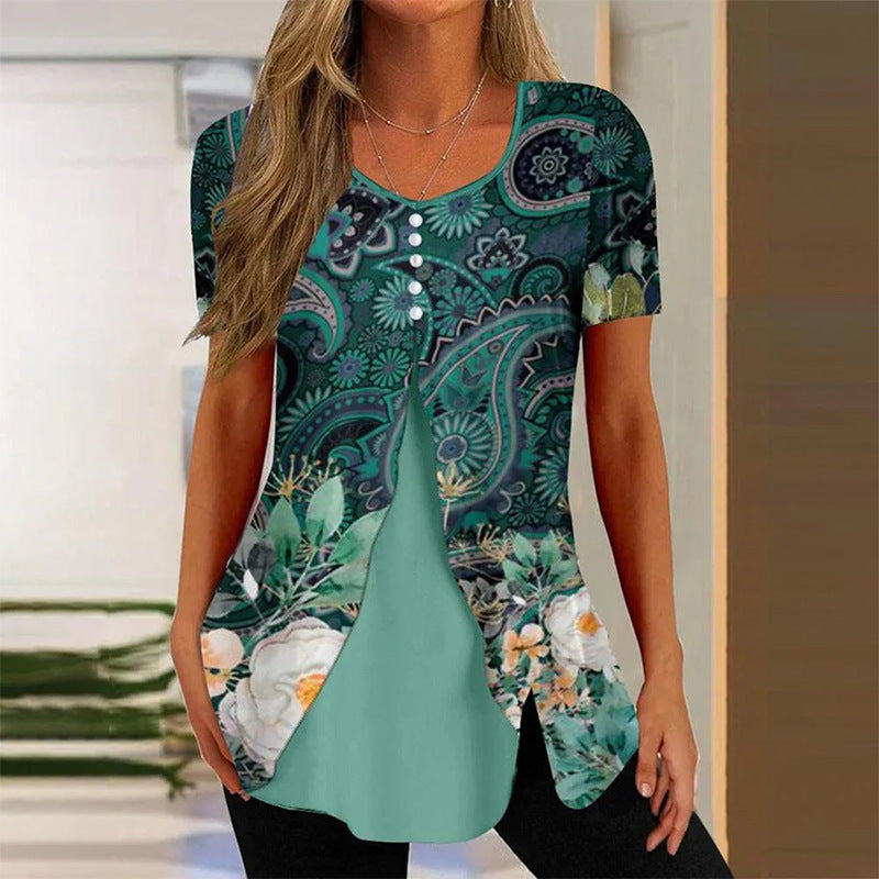 Summer New Short-sleeved Printed Fake Two-piece T-shirt V-neck Fashion Spike Top 