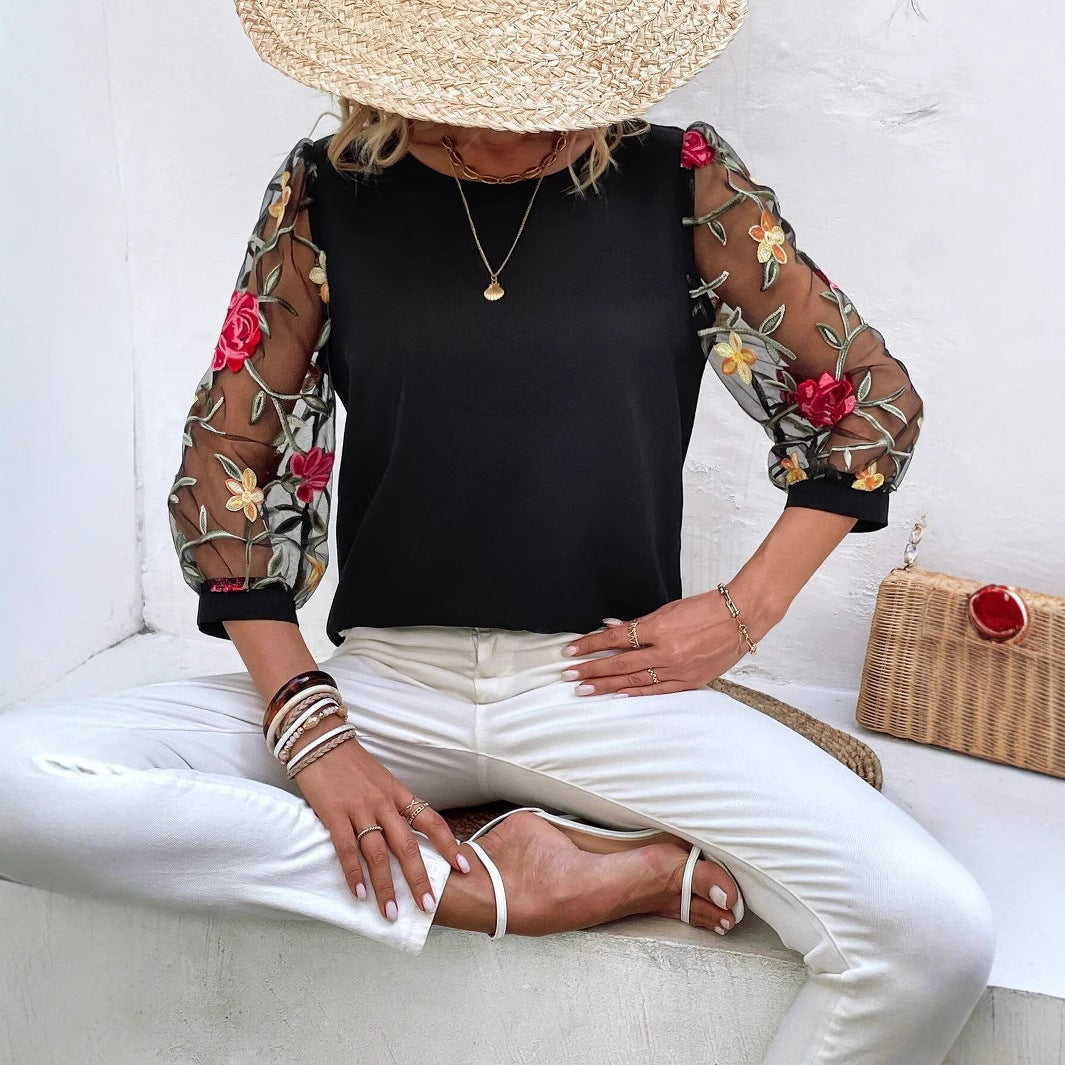 Women's Casual Mesh Black Patchwork Top 
