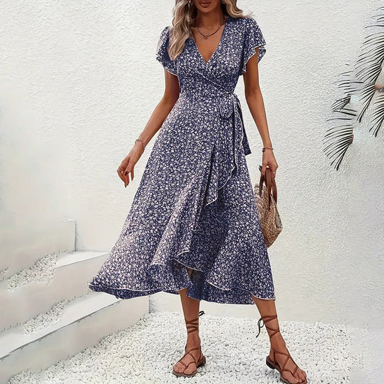 Summer Floral Boho Dress - Short Sleeve Ruffle Flowy Maxi Dresses CJ US