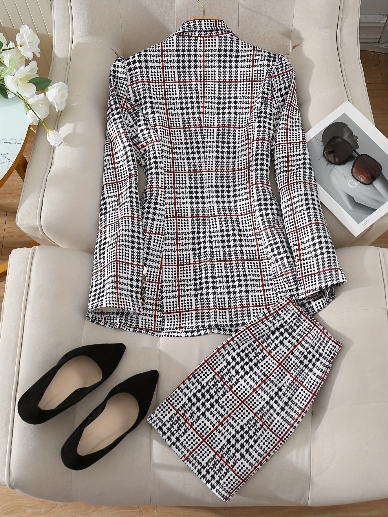 Plus Size Plaid Skirt Suit for Women – Two-Piece Blazer and High Waist Skirt Set CJ