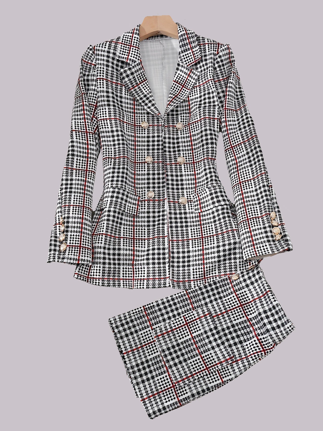 Plus Size Plaid Skirt Suit for Women – Two-Piece Blazer and High Waist Skirt Set CJ