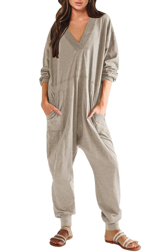 Women's V-neck Long Sleeve Solid Color Loose Jumpsuit With Two Side Pockets 