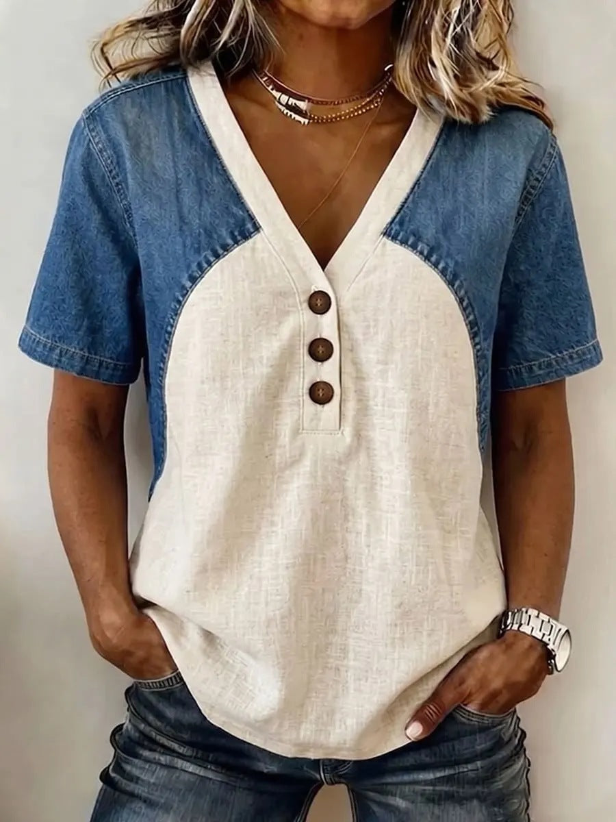 Fashionable Trendy Womens Loose Denim Patchwork T-Shirt 