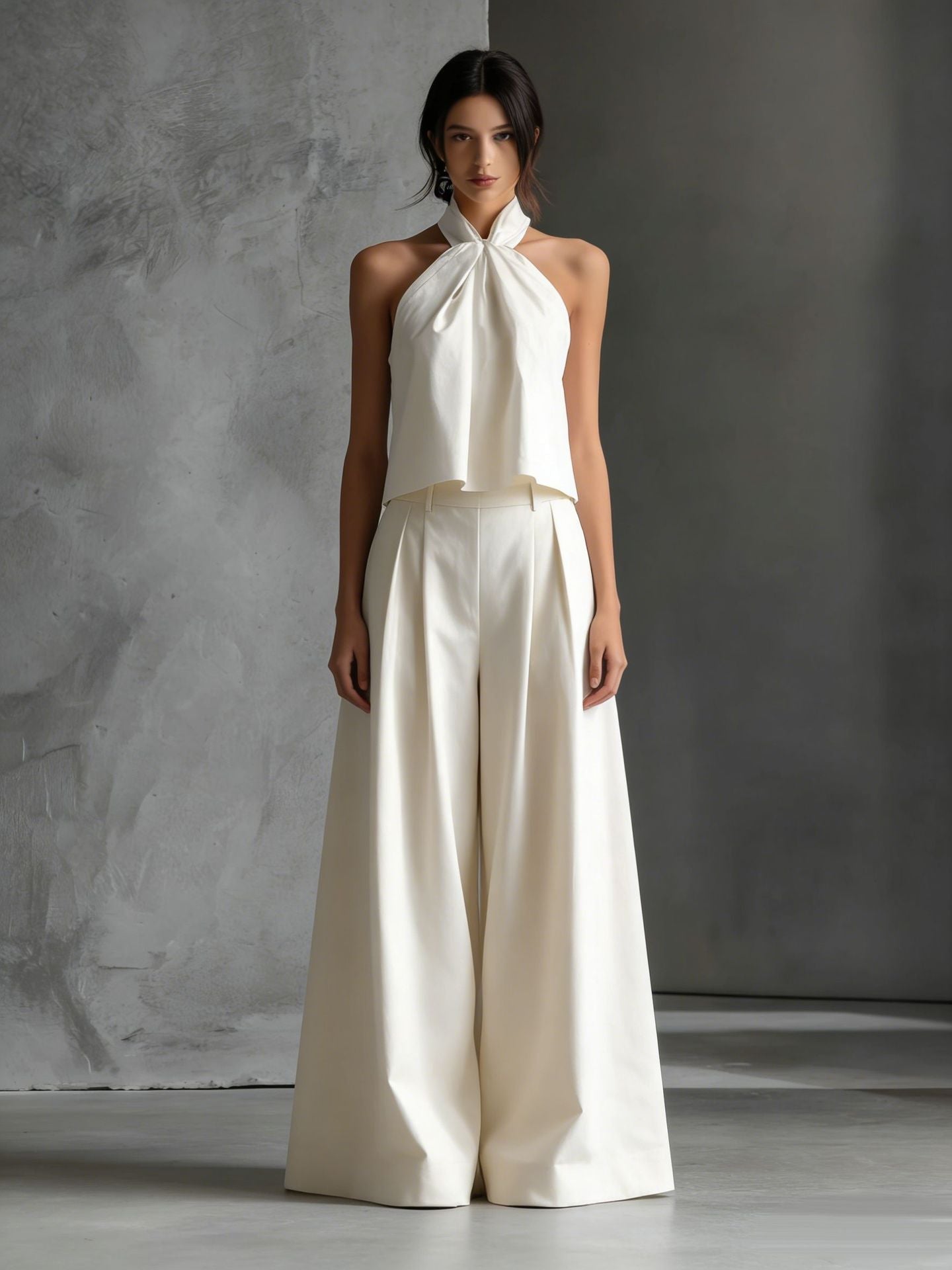Loose Sleeveless Top High-Waisted Wide-Leg Pants Two-Piece Set for Women 