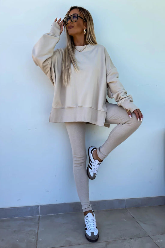 Sweater Suit Women's Casual Loose Long Sleeve Crew Neck Split Top Tight Trousers 