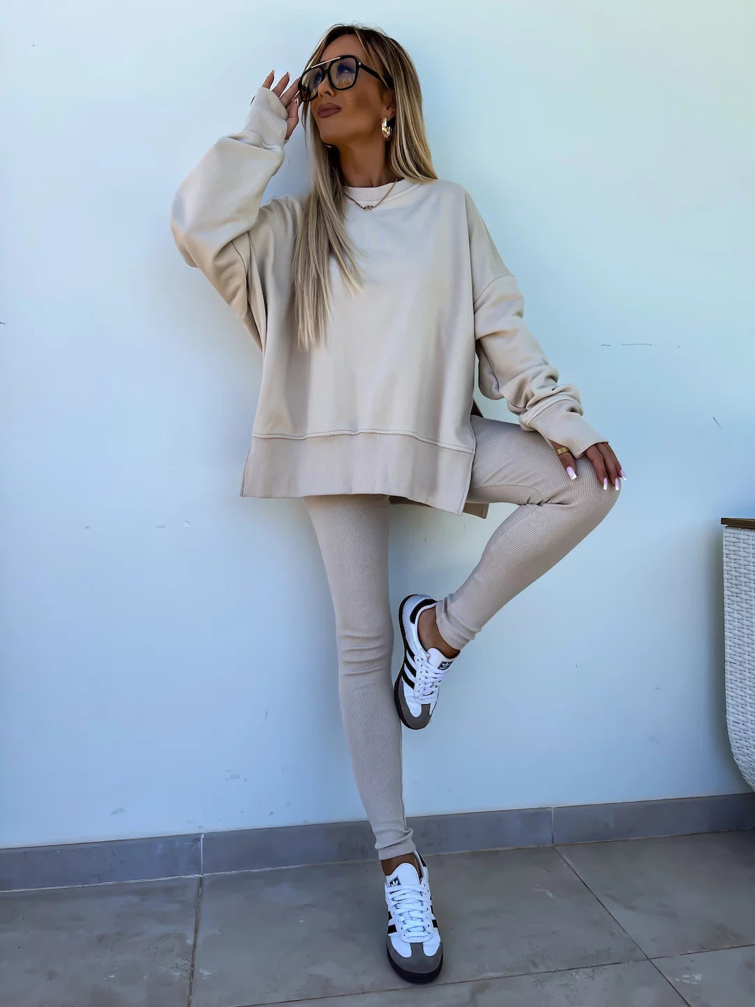 Sweater Suit Women's Casual Loose Long Sleeve Crew Neck Split Top Tight Trousers 