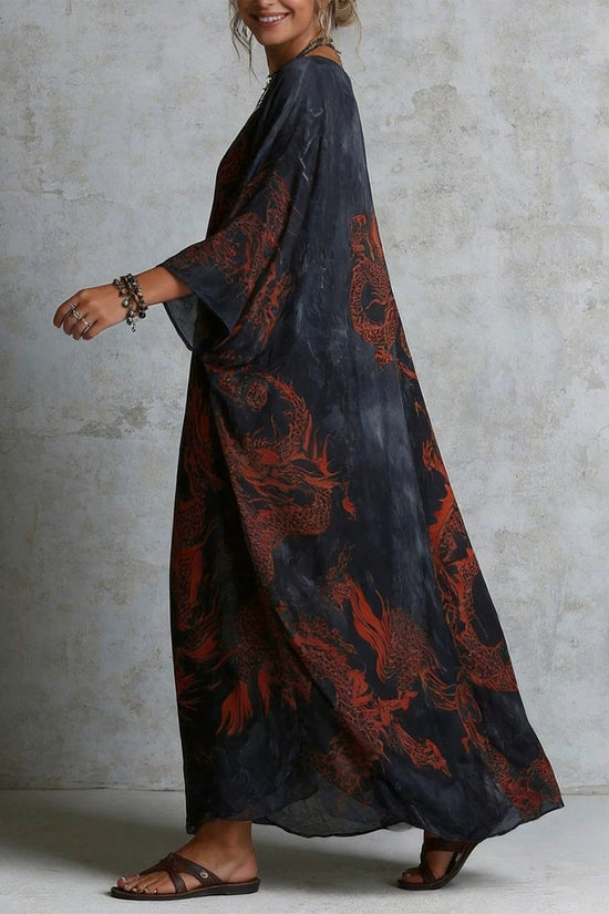 Dragon print beach vacation long dress outerwear 