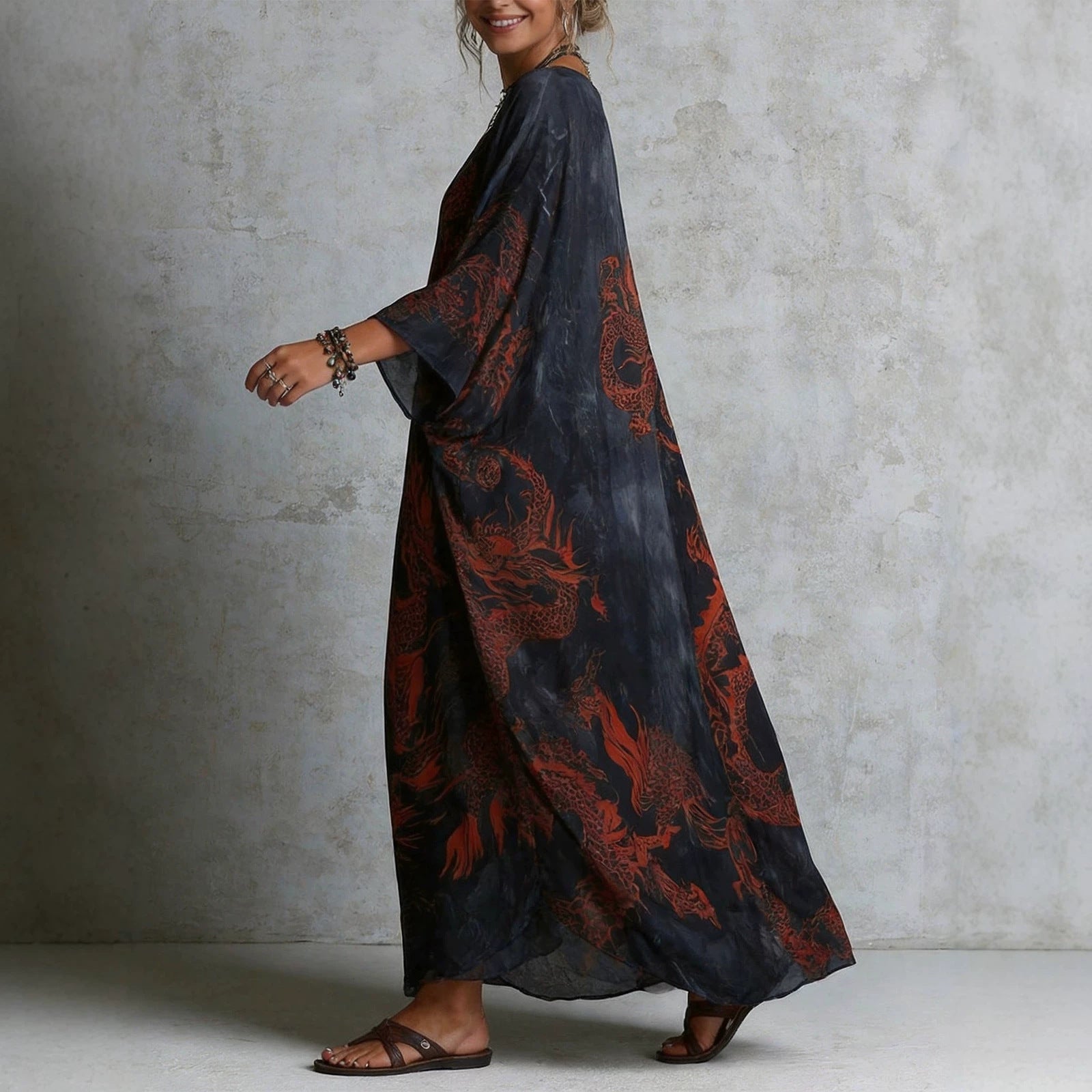 Dragon print beach vacation long dress outerwear 