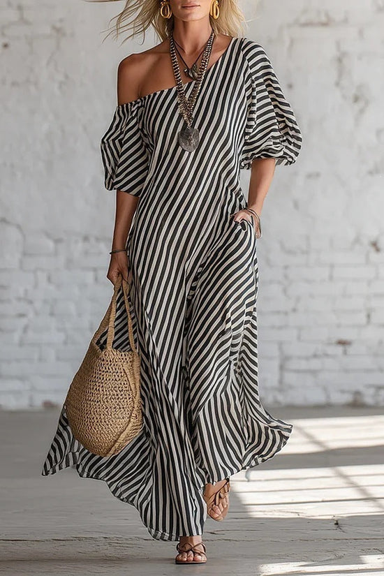 Spring Elegant Striped Off-Shoulder Dress 