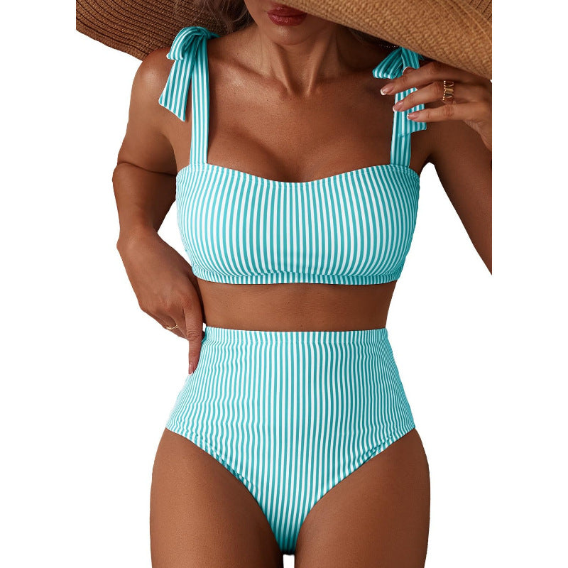 Women's Striped Bikini Set with Tie-Shoulder Design, High-Waisted Two-Piece Swimsuit 