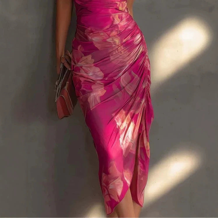 Backless Printed Strap Dress, Fitted Slim Fit High Slit Fashion Long Dress 