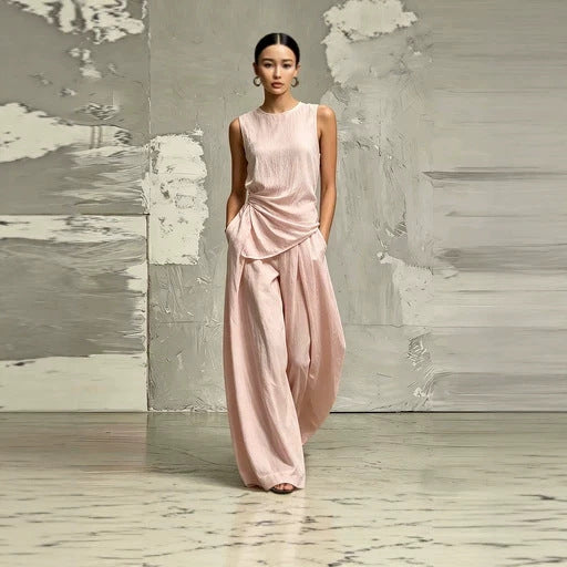Womens Round-Neck Loose Sleeveless Top And High-Waist Pants Two-Piece Set 