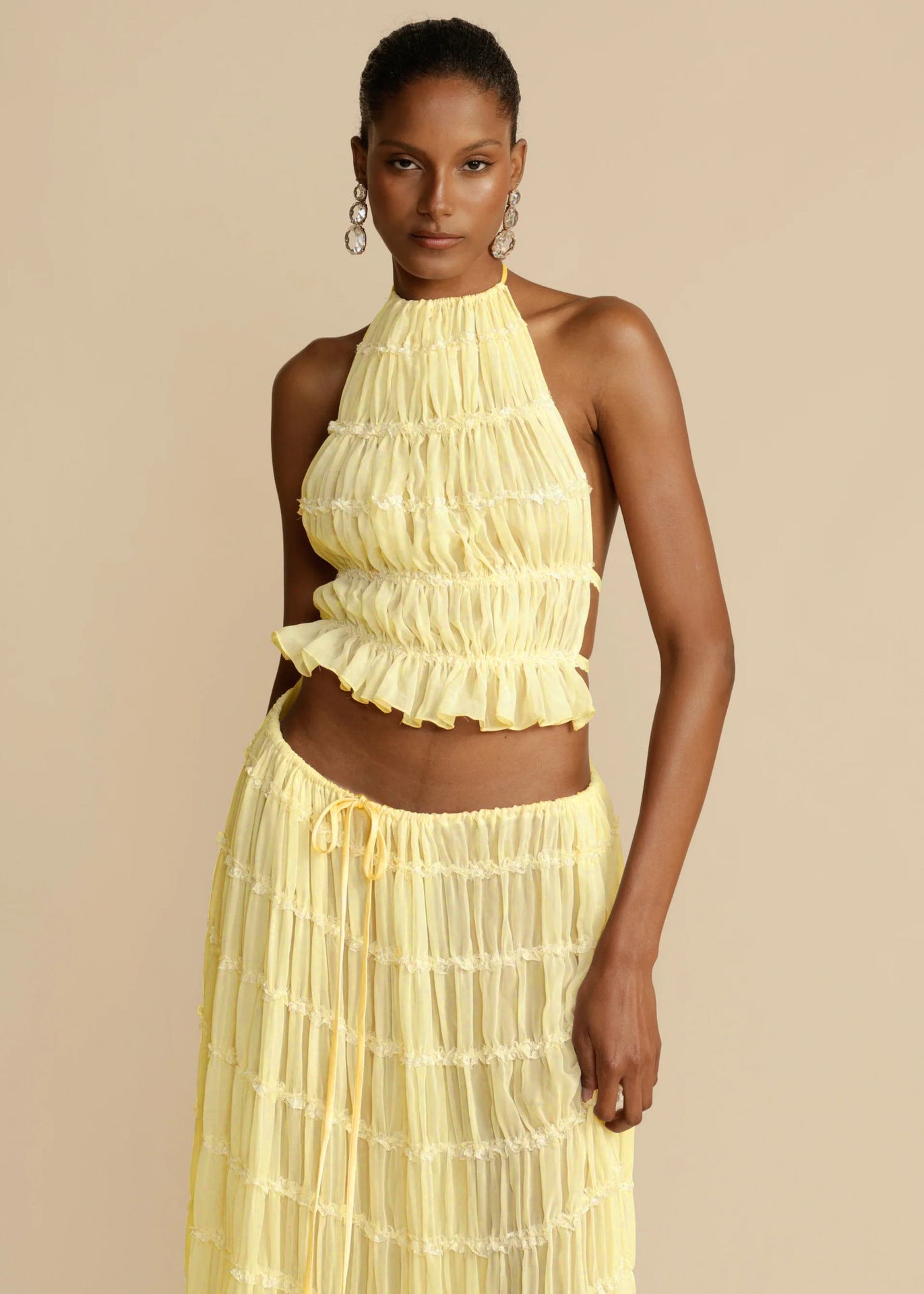 2pcs Women's Dress Suit Sexy Sleeveless Backless Cropped Halter Top And Pleated Long Skirt Beach Clothing FitiqueFit