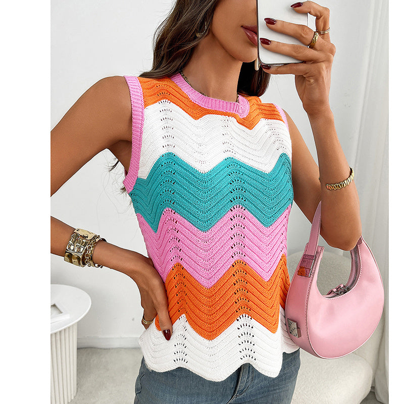 Womens Summer Rainbow Striped Sweater Vest Sleeveless Knit Crew Neck Color Block Going Out Cropped Tank Top CJ US