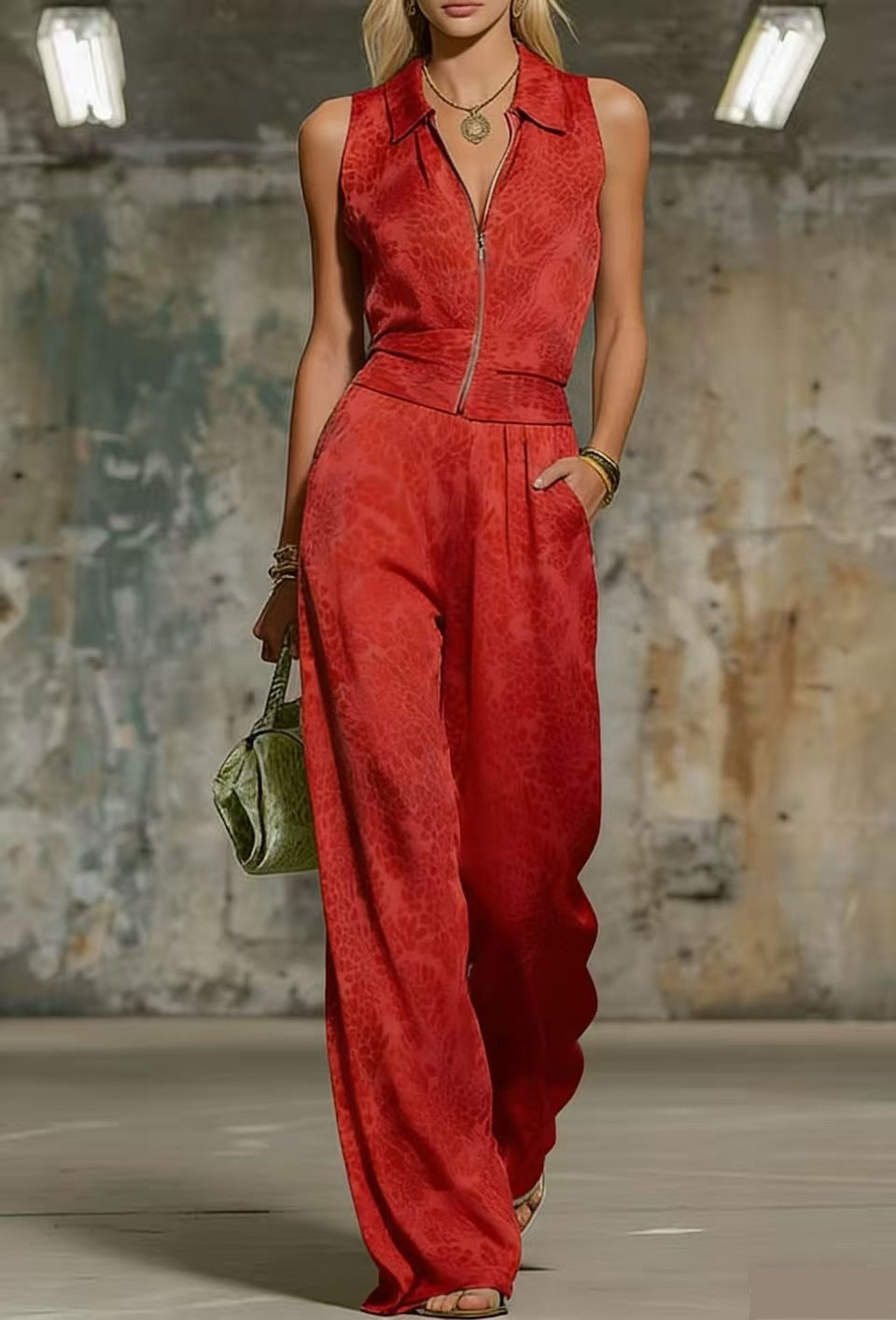 Printed Zip-up Sleeveless Jumpsuit 