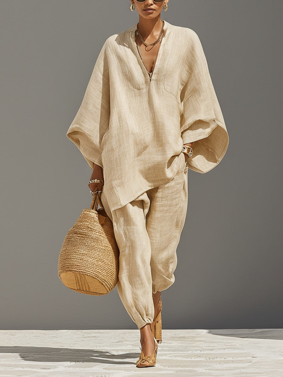 Women's Casual Loose Solid Color Shirt Set 
