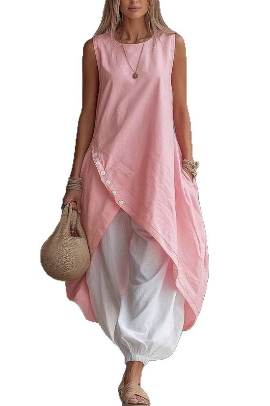Solid Color Sleeveless Loose Pocketed Mid-Length Dress Set 
