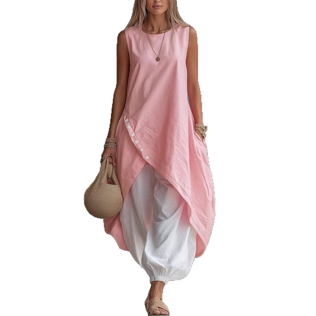 Solid Color Sleeveless Loose Pocketed Mid-Length Dress Set 