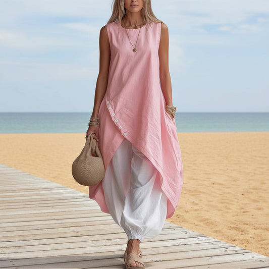 Solid Color Sleeveless Loose Pocketed Mid-Length Dress Set 