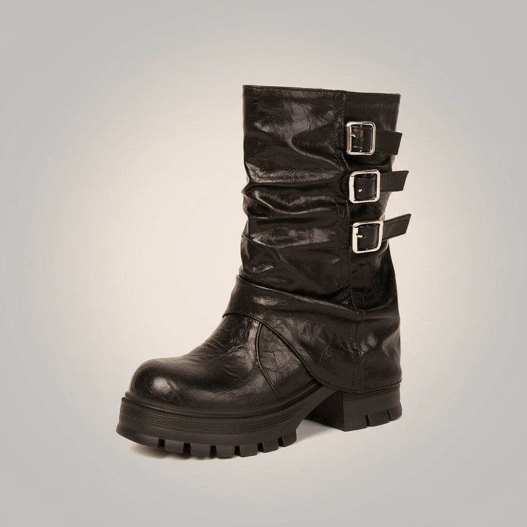 Autumn and winter thick soled high-heeled low cut women's boots with punk style leg cuffs and boots 