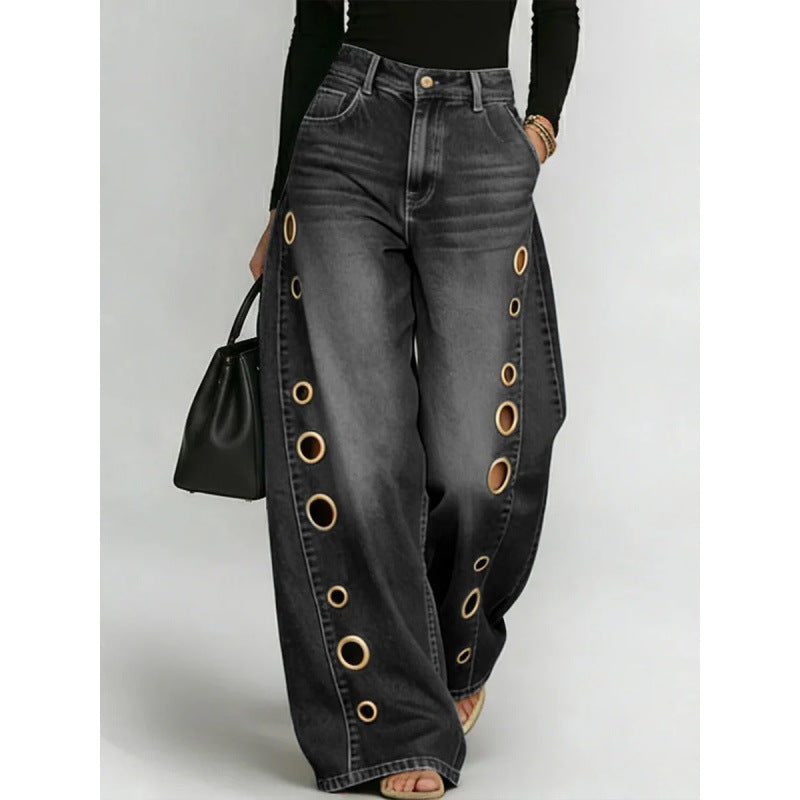 New jeans for women, metal eyelet design, casual loose high-waisted wide-leg jeans 