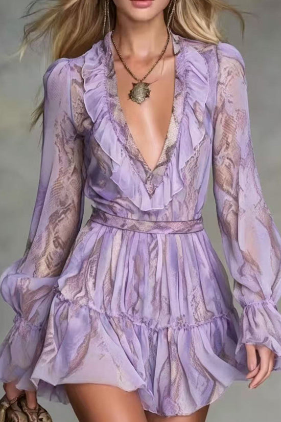 Bohemian Snake Print Long Sleeve V-Neck Ruffle Hem Fitted Sheath Dress 