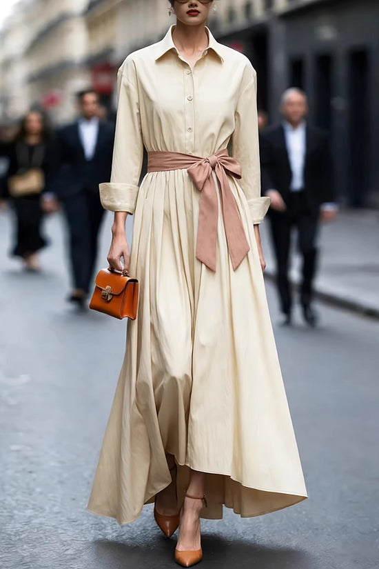 Long sleeved shirt collar solid color long skirt dress 