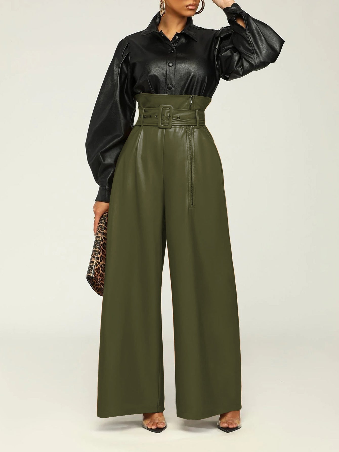 Fashion High-Waisted Long Pants for WomenStyle PU Leather Trousers with Metallic Belt, Wide Leg Pants, INS Trendy Nightclub Look 
