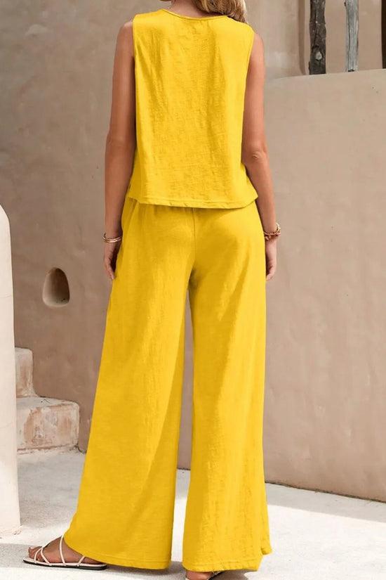 Round Neck Sleeveless Top and Wide Leg Pants Set 