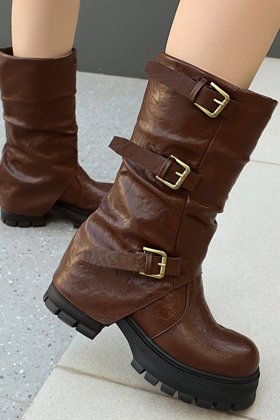 Thick Heel High Heel Women's Short Boots with Belt Buckle Slip-On Tube Boots 