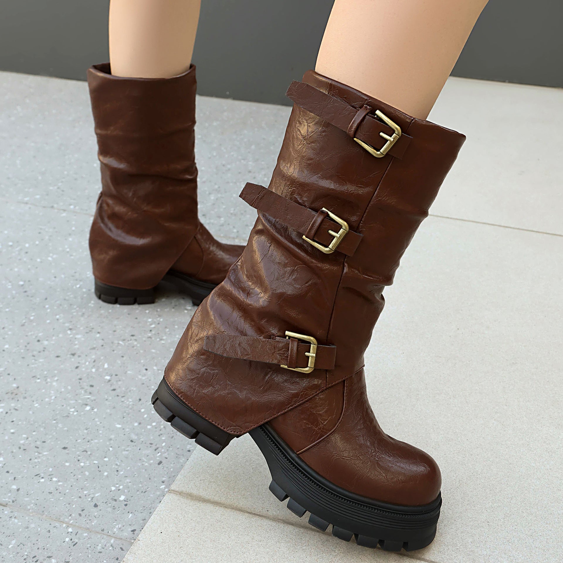 Thick Heel High Heel Women's Short Boots with Belt Buckle Slip-On Tube Boots 