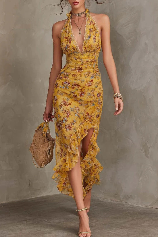 French Vintage Yellow Floral Halter Neck Dress Deep V Waist-Cinching Split Ruffle Slimming Elegant Dress 