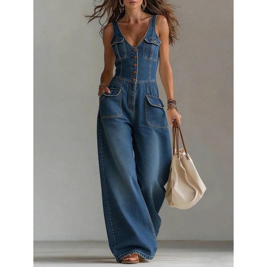 Washed Denim Straight Loose Sleeveless Strap Jumpsuit 