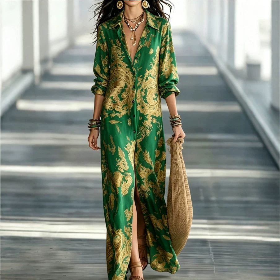 Blue Tone Printed Chiffon Turn-down Collar Split Resort Beach Dress 