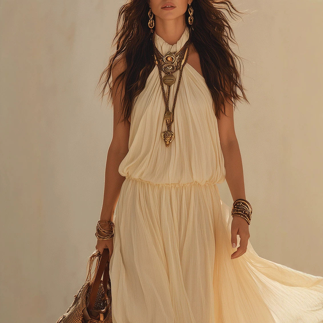 Hanging neck and waist cinching dress 