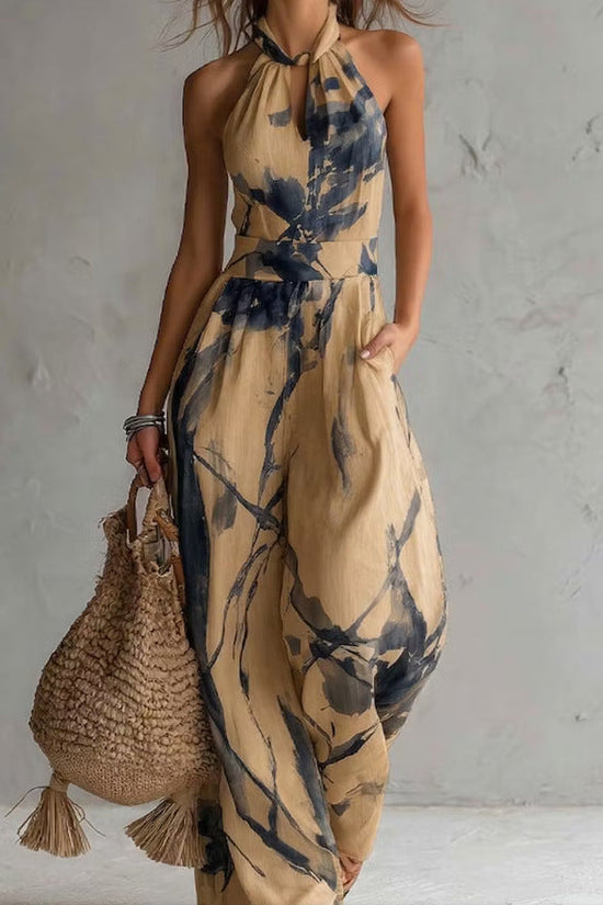 New halter backless jumpsuit, blue and white tie-dye wide-leg pants, summer beach women's wear 