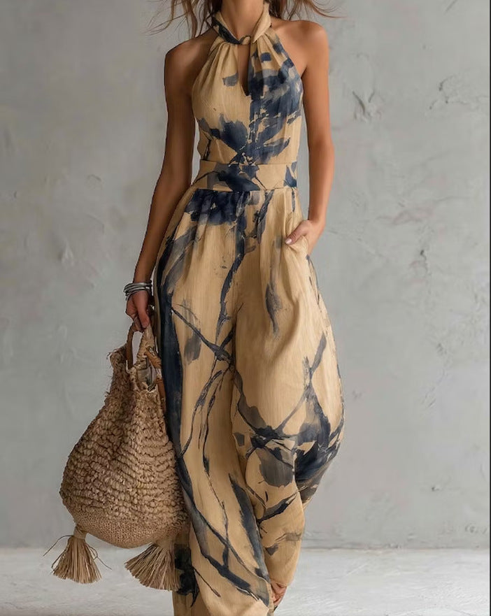 New halter backless jumpsuit, blue and white tie-dye wide-leg pants, summer beach women's wear 
