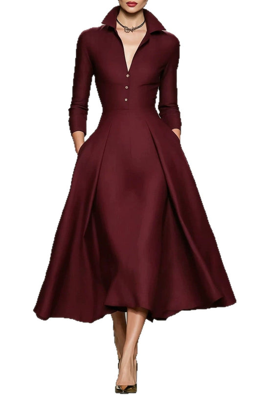 V-neck waist cinched long sleeved dress 