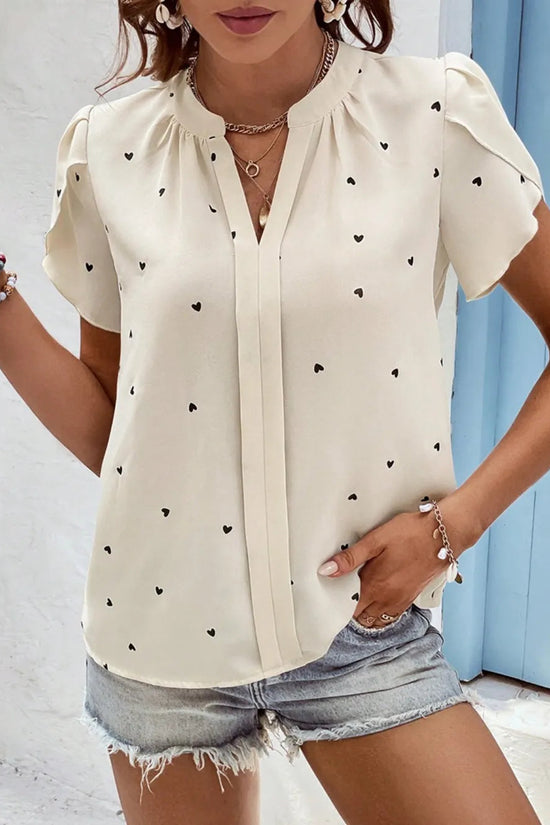 V-neck heart-shaped petal sleeve shirt with elegant women's top 