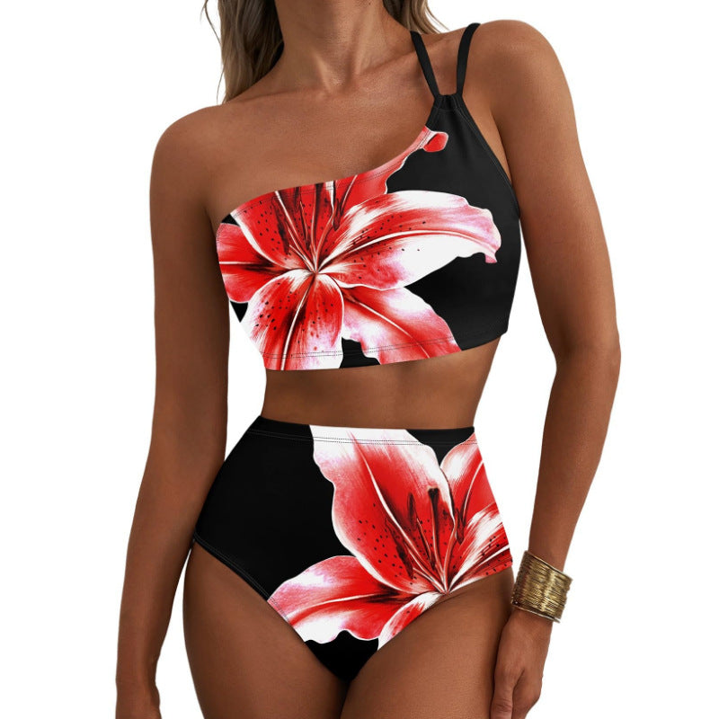 New women's high waisted bikini set with one shoulder floral print swimsuit, 2-piece set, belly cinching swimsuit 