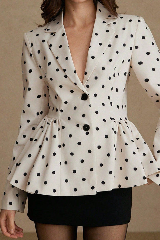 Chic Polka Dot Printed Blazer Coat for Women with Fitted Waist, Flared Skirt, Notched Lapel, Long Sleeve, Elegant Women's Suit Coat 