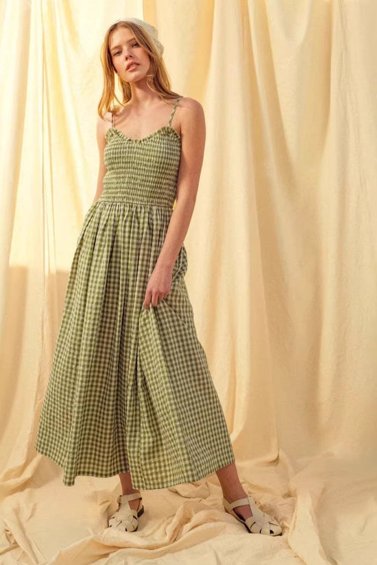 Summer Strap Retro Plaid A-line Slimming Dress for Women with Waist 