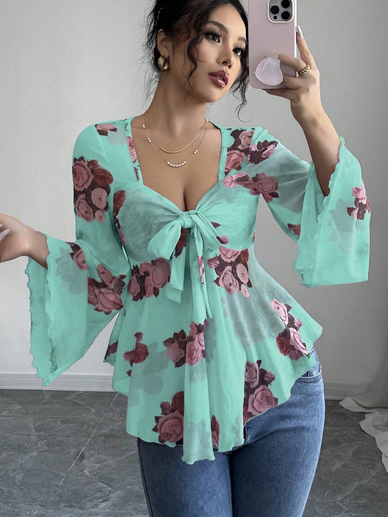 Sweet Floral Ombre Tie-Back Square Neck Long Sleeve Blouse 
