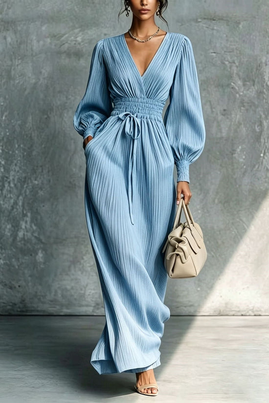 Solid color casual waist cinched long sleeved dress 