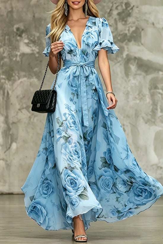 Deep V-neck ruffle sleeve printed dress 