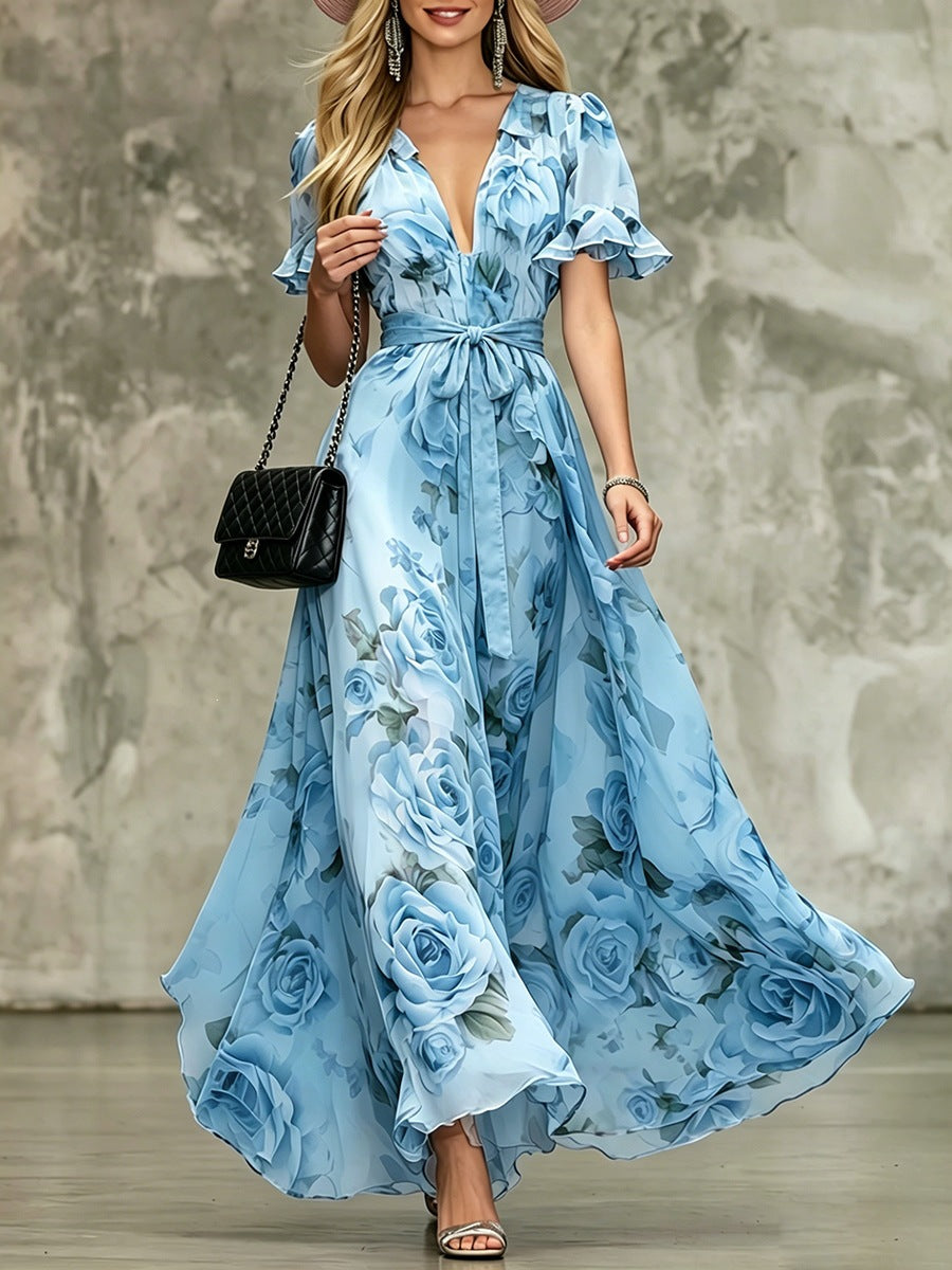 Deep V-neck ruffle sleeve printed dress 