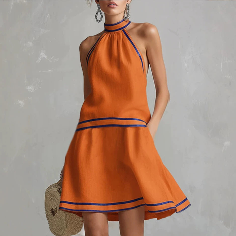 Choker Neck Fashion Short Dress with Striped Trim, Comfortable Sleeveless Fitted Dress 